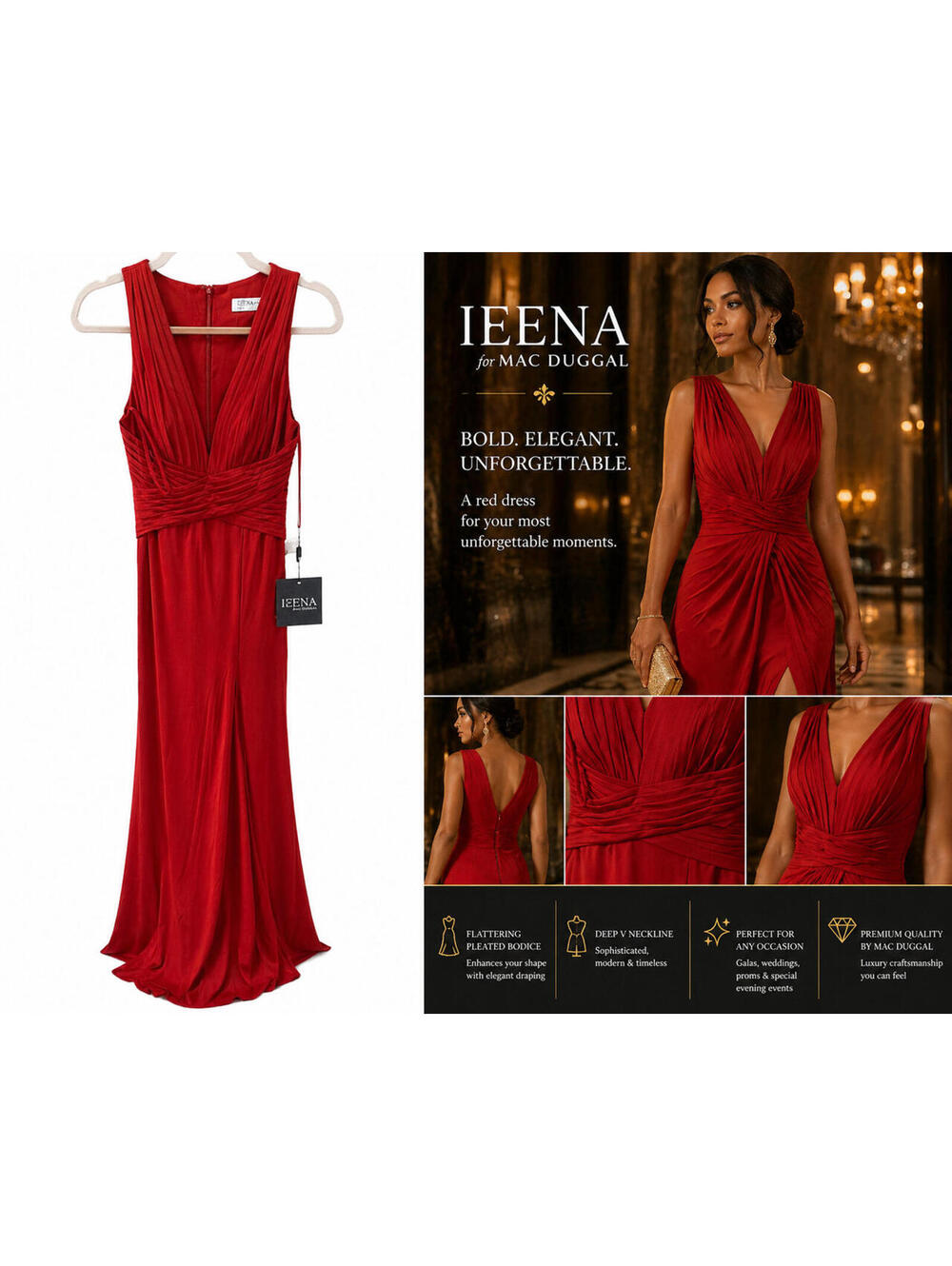 Ieena for Mac Duggal Red Pleated Gown Size 0 NWT Deep V Formal Evening Prom Dres